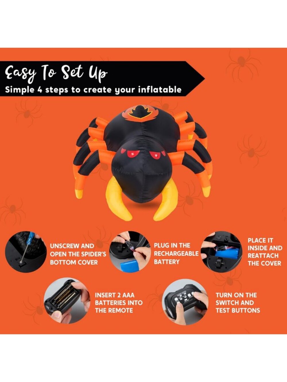 4FT Halloween Inflatable Spider with Remote Control, 360° Rotation & LEDs for - Picture 7 of 8